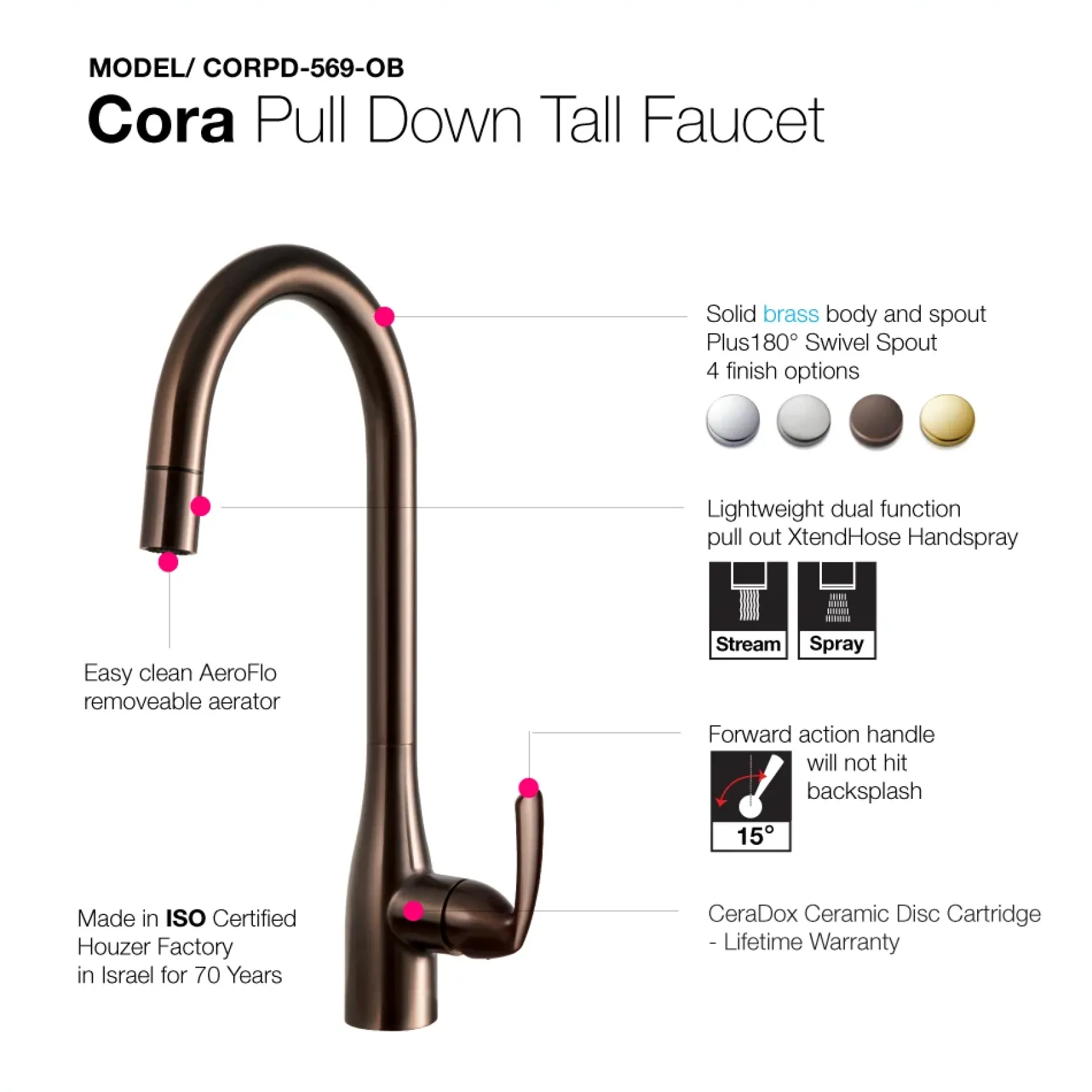Houzer Cora Pull Down Kitchen Faucet Oil Rubbed Bronze, CORPD-569-OB