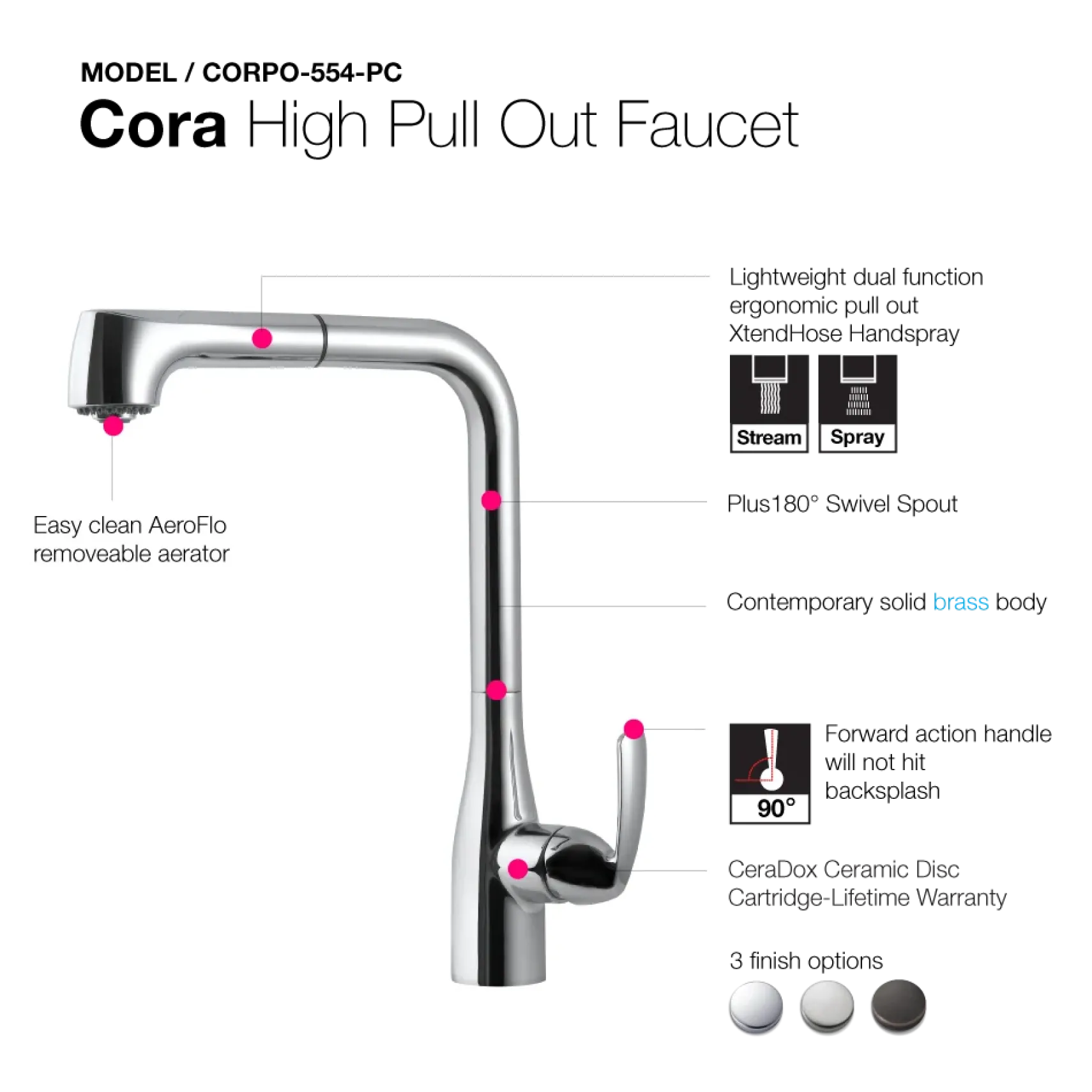Houzer Cora Pull Out Kitchen Faucet with CeraDox Technology Polished Chrome, CORPO-554-PC