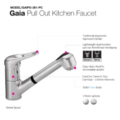 Houzer Gaia Pull Out Kitchen Faucet with CeraDox Technology Polished Chrome, GAIPO-361-PC