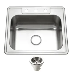 Houzer Glowtone 25" Stainless Steel Drop-in Topmount 3-hole Single Bowl 9 inch Deep Kitchen Sink with Strainer - 18 Gauge, 2522-9BS3-C