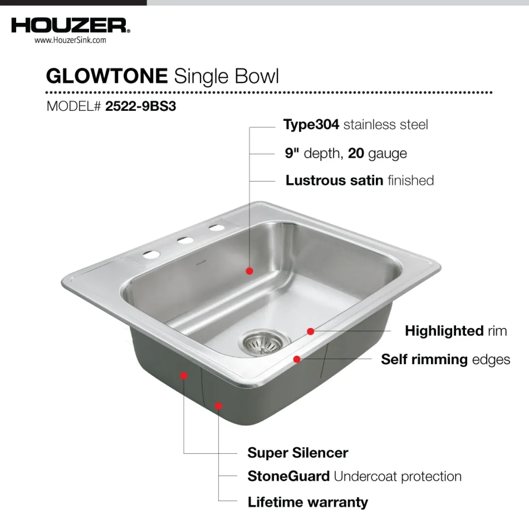 Houzer Glowtone 25" Stainless Steel Drop-in Topmount 3-hole Single Bowl 9 inch Deep Kitchen Sink with Strainer - 18 Gauge, 2522-9BS3-C