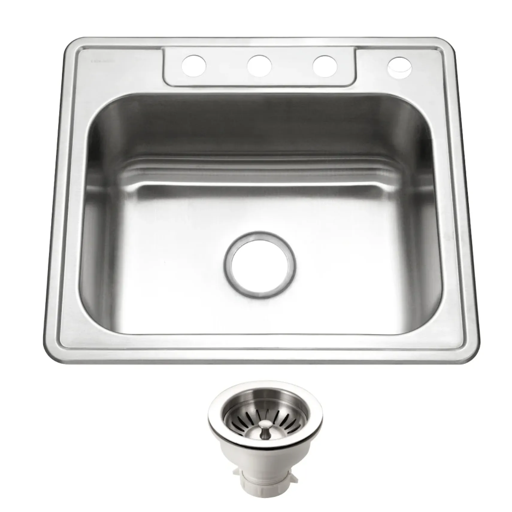 Houzer Glowtone 25" Stainless Steel Drop-in Topmount 4-hole Single Bowl 8 inch Deep Kitchen Sink with Strainer - 20 Gauge, 2522-8BS4-C
