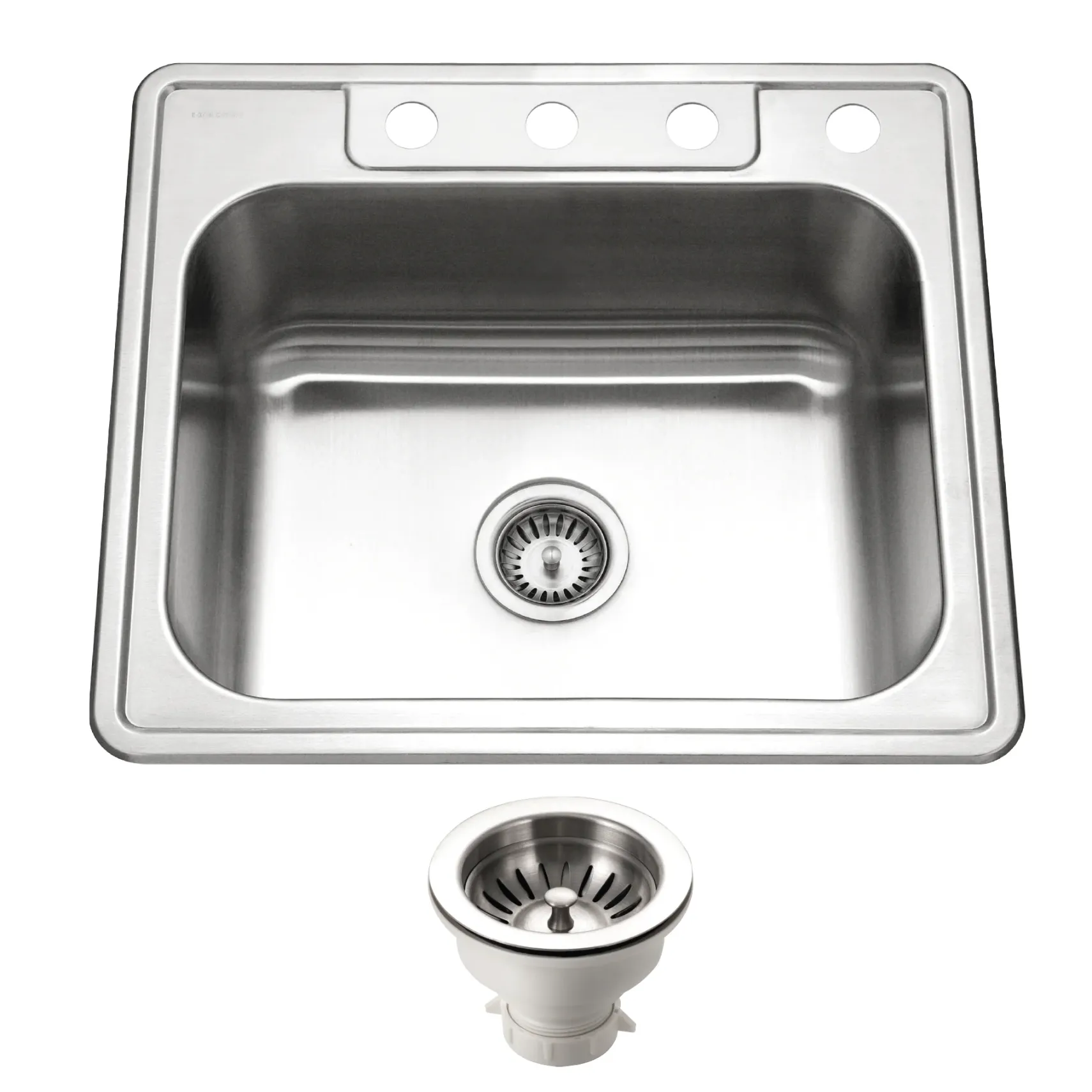 Houzer Glowtone 25" Stainless Steel Drop-in Topmount 4-hole Single Bowl 8 inch Deep Kitchen Sink with Strainer - 20 Gauge, 2522-8BS4-C