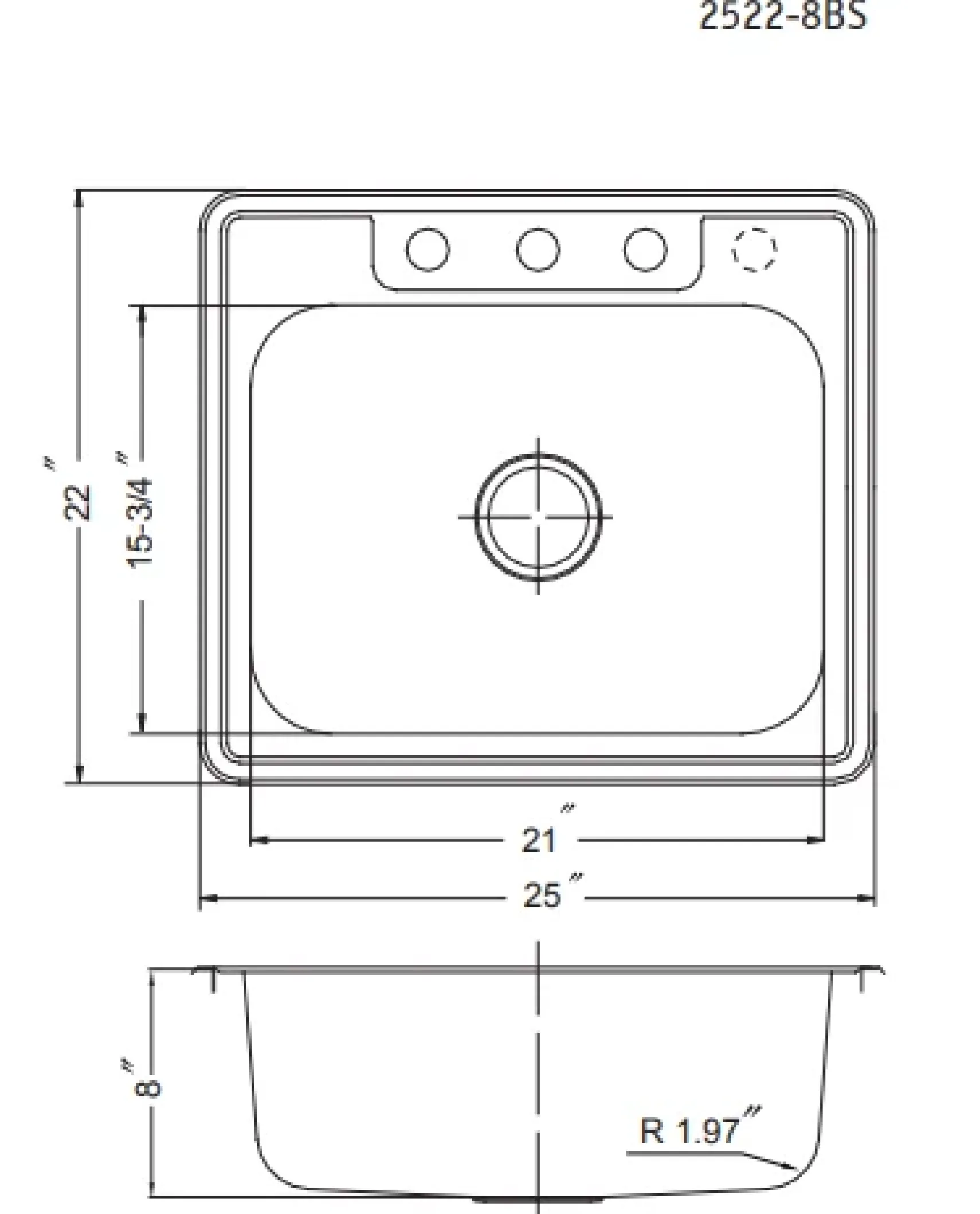 Houzer Glowtone 25" Stainless Steel Drop-in Topmount 4-hole Single Bowl 8 inch Deep Kitchen Sink with Strainer - 20 Gauge, 2522-8BS4-C