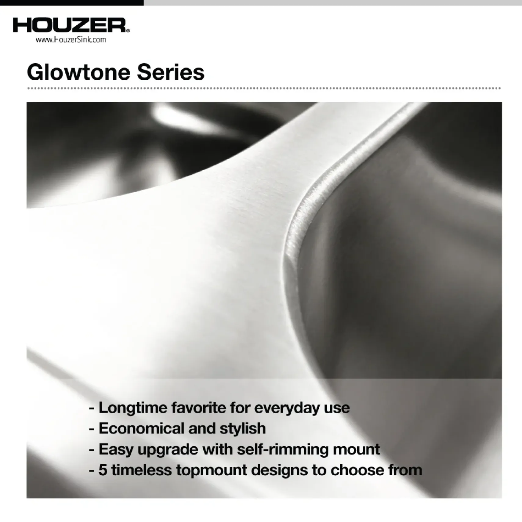 Houzer Glowtone 25" Stainless Steel Drop-in Topmount 4-hole Single Bowl 8 inch Deep Kitchen Sink with Strainer - 20 Gauge, 2522-8BS4-C