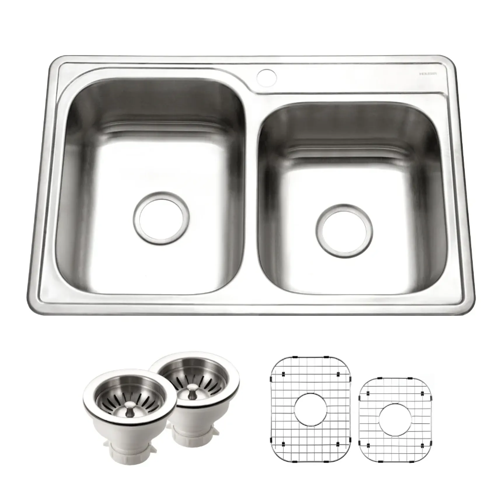 Houzer Glowtone 33" Stainless Steel Topmount 1-hole 60/40 Double Bowl Kitchen Sink Strainers & Grids - 20 Gauge, ISL-3322BS1-C