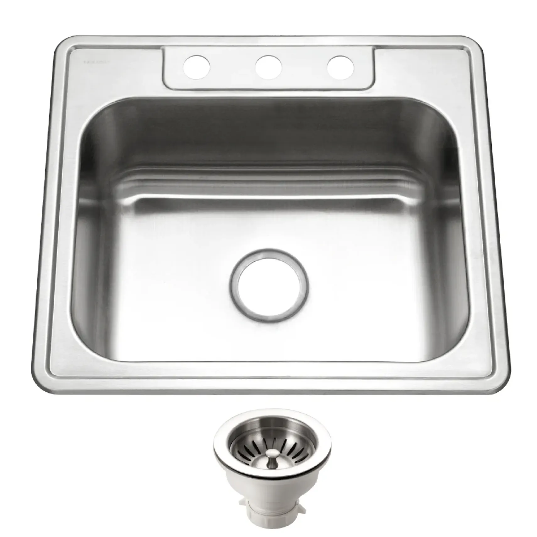 Houzer Glowtone 25" Stainless Steel Drop-in Topmount 3-hole Single Bowl 8 inch Deep Kitchen Sink with Strainer - 20 Gauge, 2522-8BS3-C
