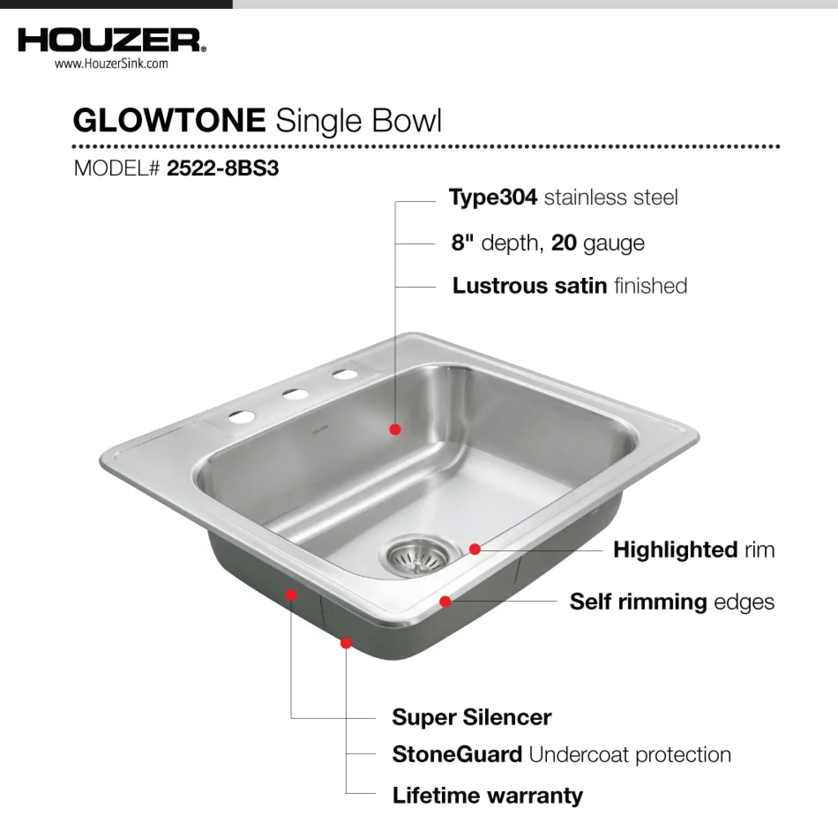 Houzer Glowtone 25" Stainless Steel Drop-in Topmount 3-hole Single Bowl 8 inch Deep Kitchen Sink with Strainer - 20 Gauge, 2522-8BS3-C