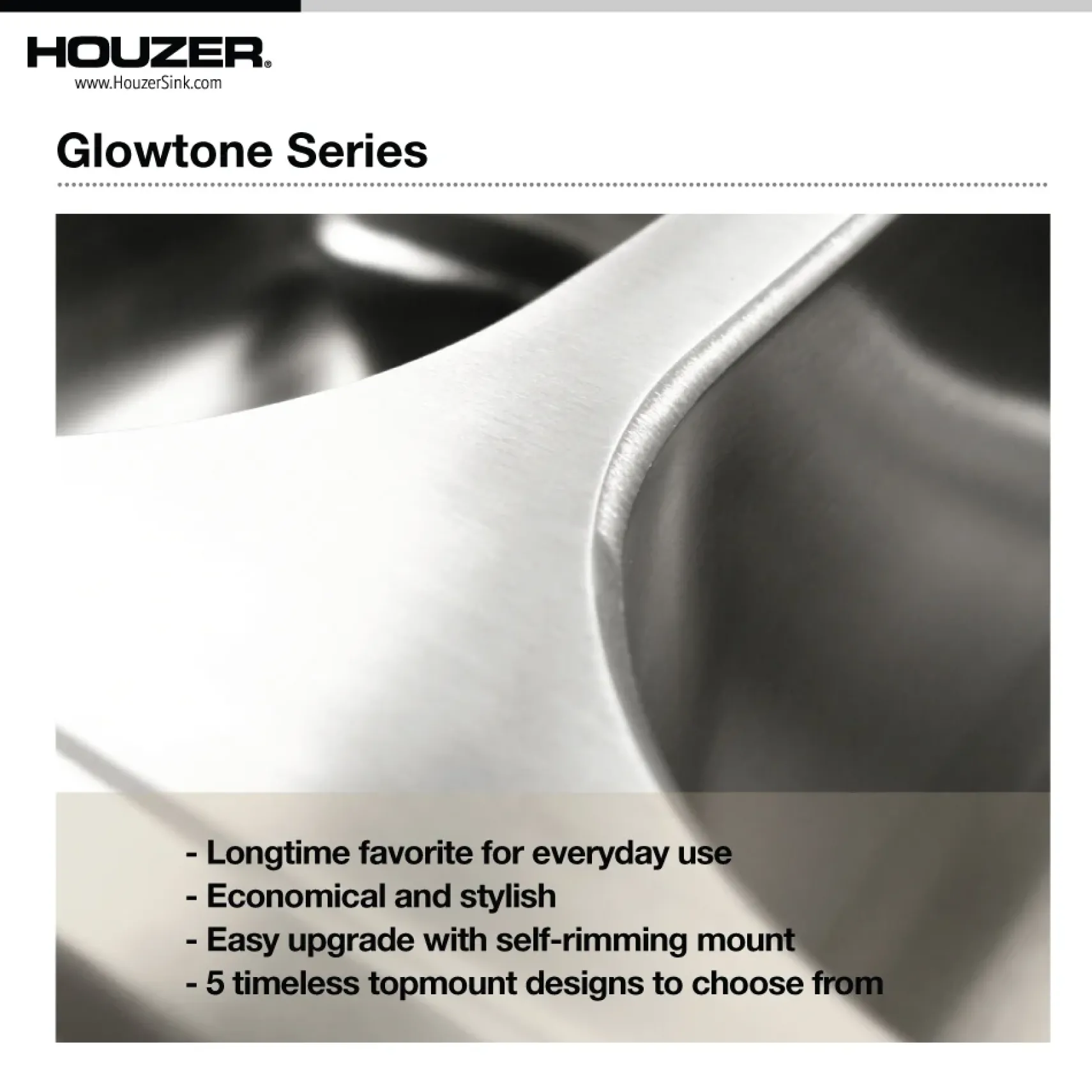Houzer Glowtone 25" Stainless Steel Drop-in Topmount 3-hole Single Bowl 8 inch Deep Kitchen Sink with Strainer - 20 Gauge, 2522-8BS3-C