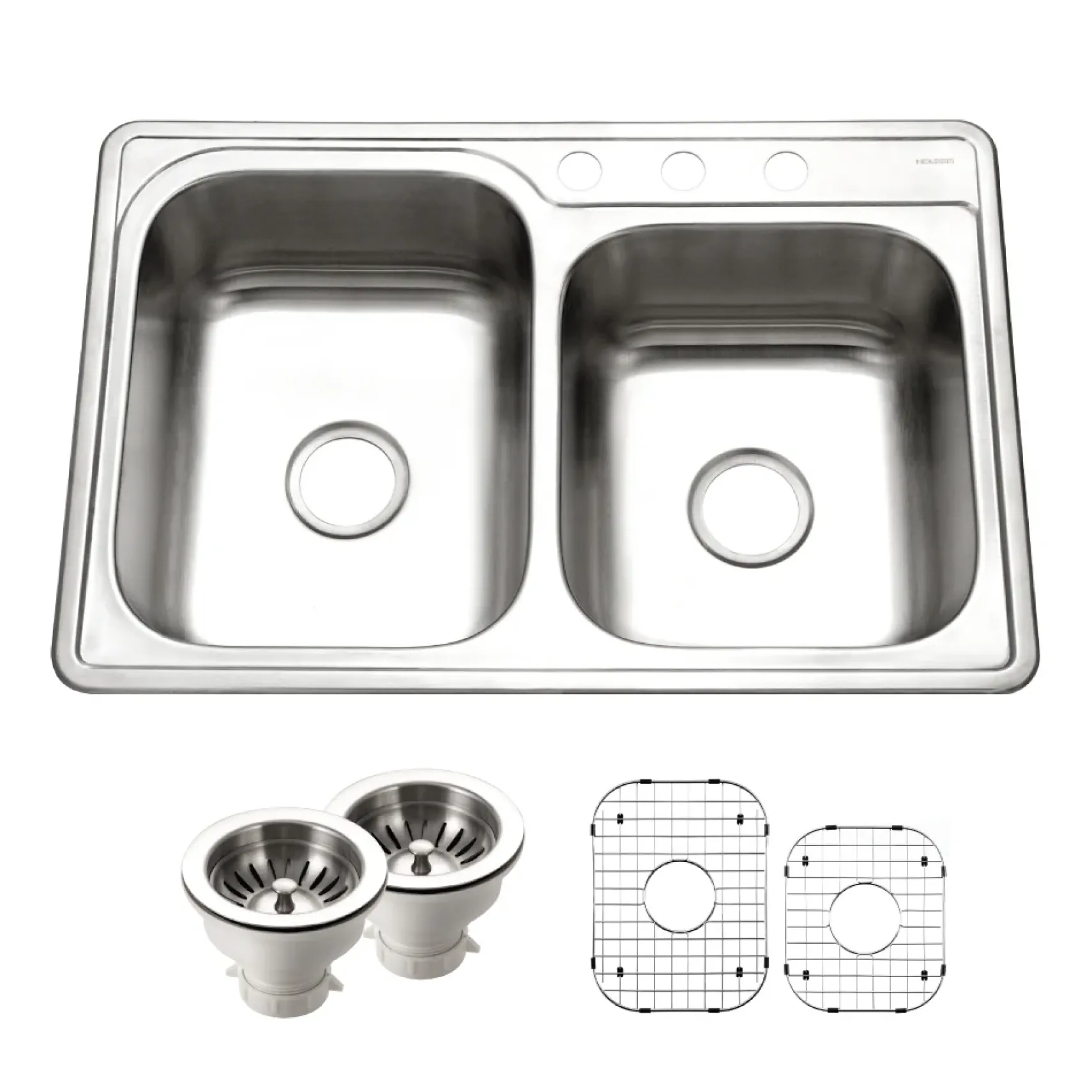 Houzer Glowtone 33" Stainless Steel Topmount 3-hole 60/40 Double Bowl Kitchen Sink with Strainers & Grids - 20 Gauge, ISL-3322BS3-C