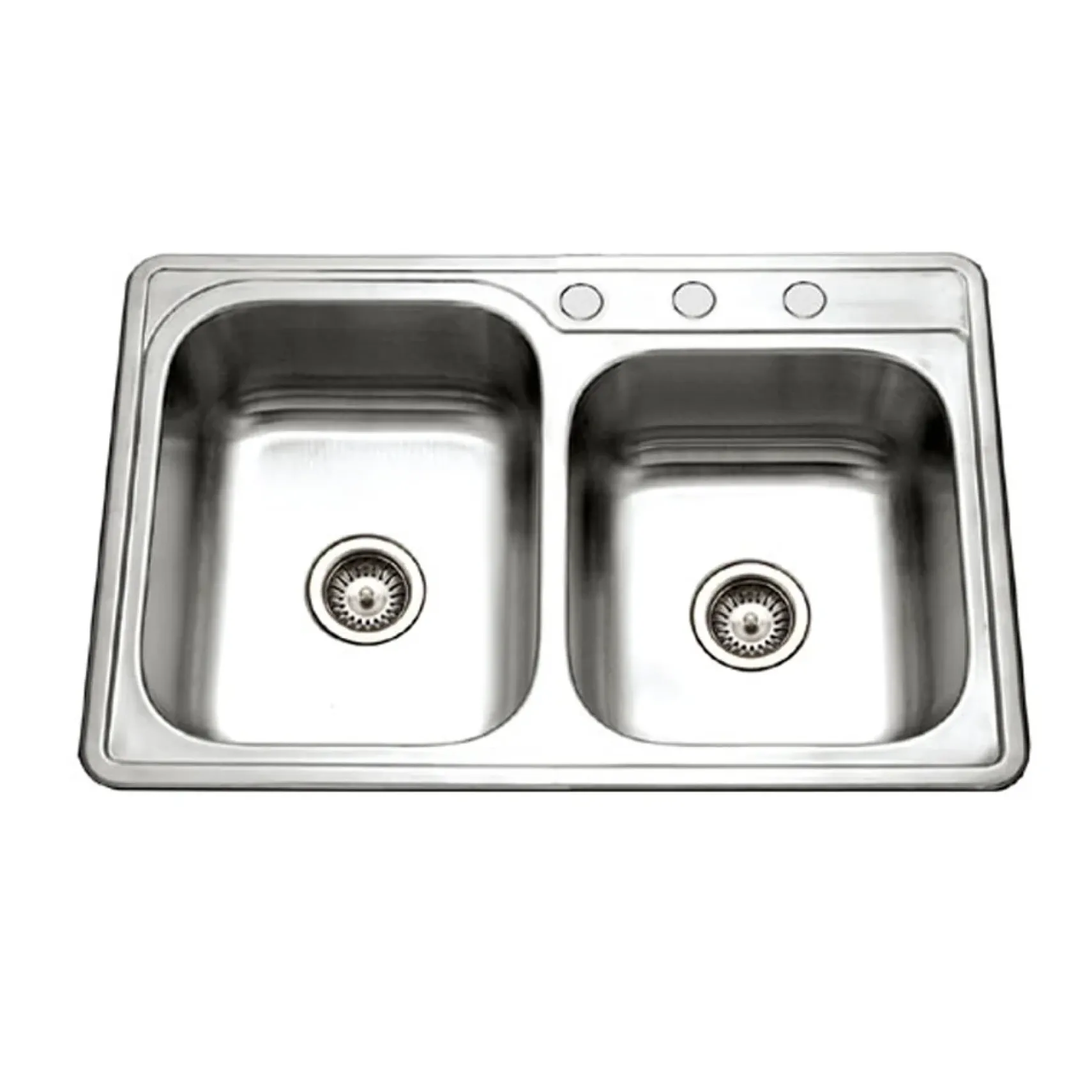 Houzer Glowtone 33" Stainless Steel Topmount 3-hole 60/40 Double Bowl Kitchen Sink with Strainers & Grids - 20 Gauge, ISL-3322BS3-C