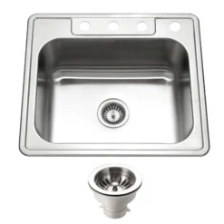 Houzer Glowtone 25" Stainless Steel Topmount 4-hole Single Bowl Kitchen Sink with 9 inch Depth, with Strainer - 18 Gauge, 2522-9BS4-C