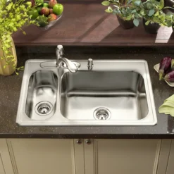Houzer Legend 33" Stainless Steel Topmount 4-hole 80/20 Small Left Double Bowl Kitchen Sink with Strainer & Grids - 20 Gauge, LHD-3322-C