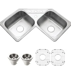 Houzer Legend 32" Stainless Steel Topmount 4-hole 50/50 Double Bowl Corner Kitchen Sink with Strainer & Grid - 20 Gauge, LCR-3221-C