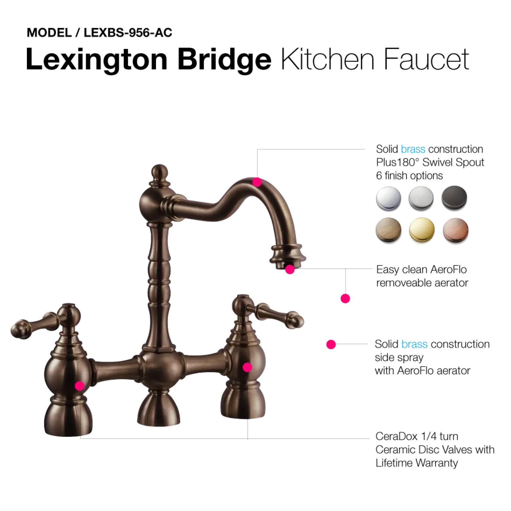 Houzer Lexington Bridge Kitchen Faucet with Sidespray Antique Copper, LEXBS-956-AC