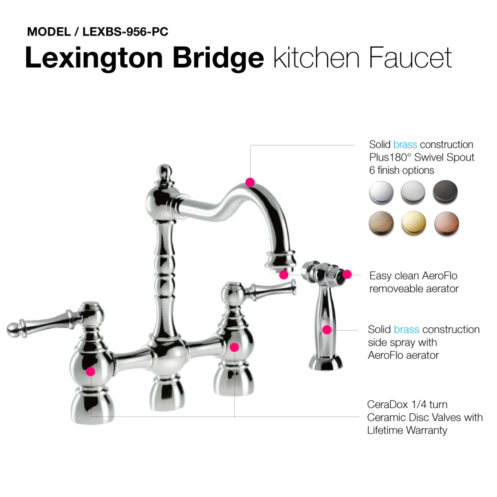 Houzer Lexington Bridge Kitchen Faucet with Sidespray Polished Chrome, LEXBS-956-PC