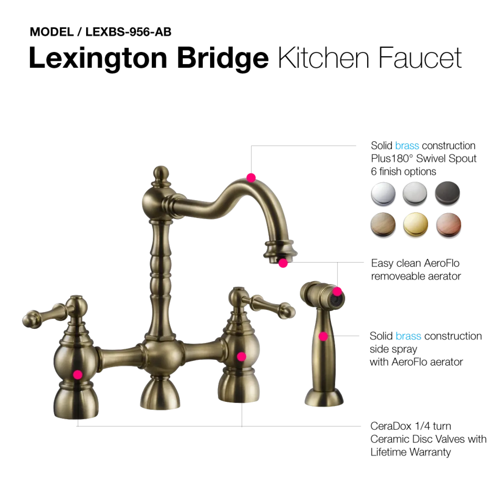 Houzer Lexington Bridge Kitchen Faucet with Sidespray Antique Brass, LEXBS-956-AB