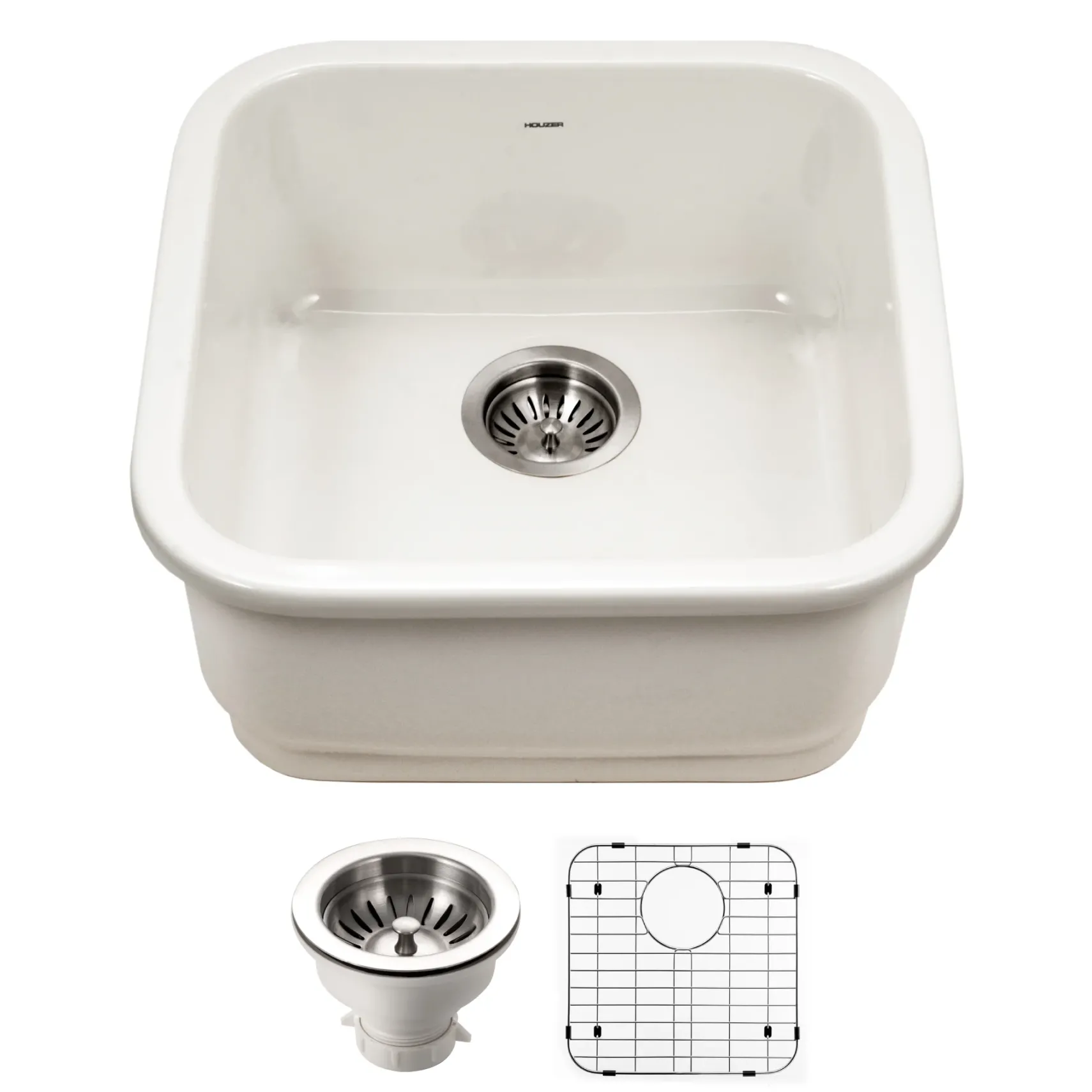 Houzer Platus 19 inch Biscuit Fireclay Undermount Square Single Bowl Bar Sink - PTB-1919 BQ-C with Basket Strainer and Basin Grid Included