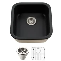 Houzer Platus 19 inch Black Fireclay Undermount Square Single Bowl Bar Sink - PTB-1919 BL-C with Basket Strainer and Basin Grid Included