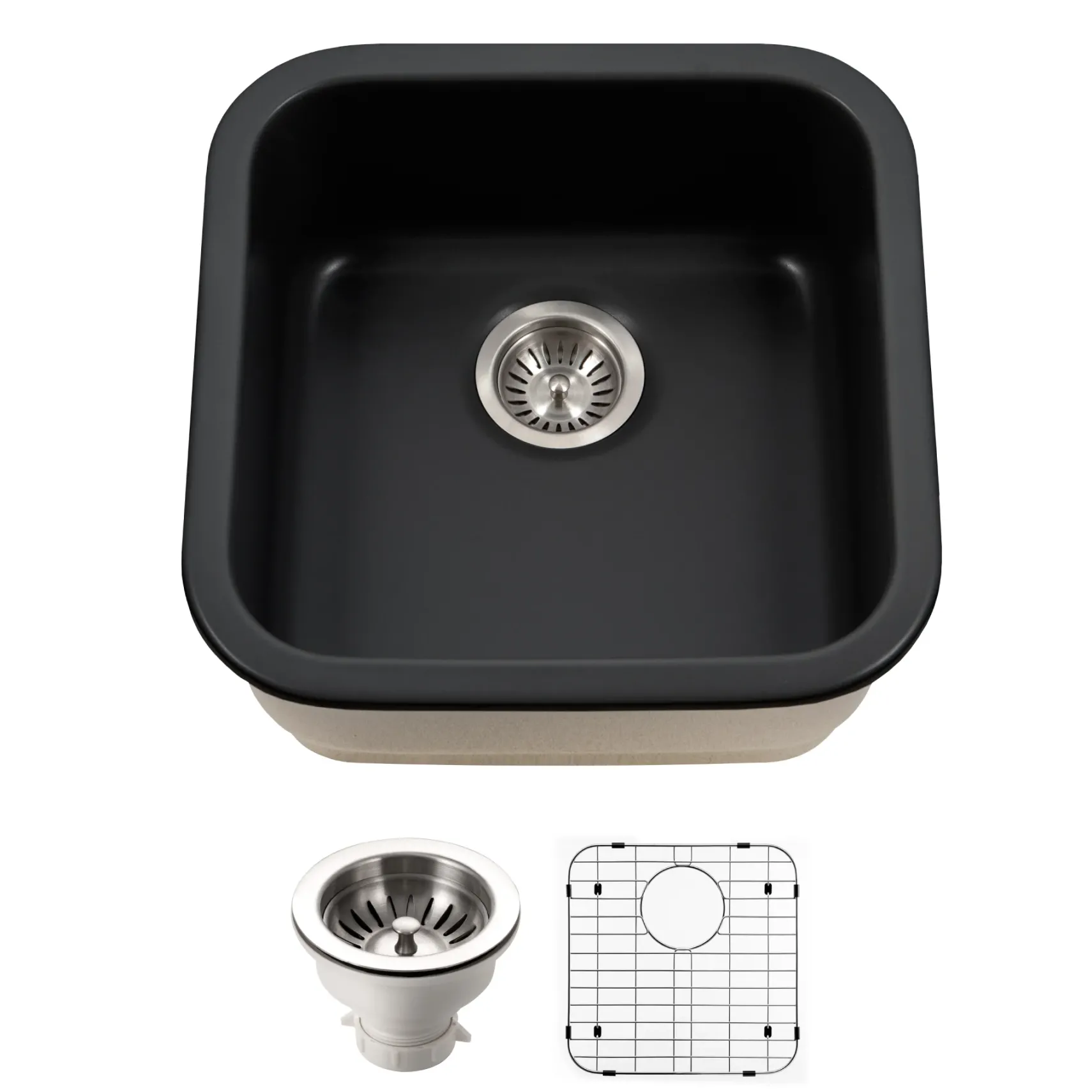 Houzer Platus 19 inch Black Fireclay Undermount Square Single Bowl Bar Sink - PTB-1919 BL-C with Basket Strainer and Basin Grid Included