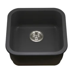Houzer Platus 19 inch Black Fireclay Undermount Square Single Bowl Bar Sink - PTB-1919 BL-C with Basket Strainer and Basin Grid Included