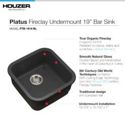 Houzer Platus 19 inch Black Fireclay Undermount Square Single Bowl Bar Sink - PTB-1919 BL-C with Basket Strainer and Basin Grid Included