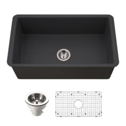 Houzer Platus 32 inch Black Fireclay Undermount Single Bowl Kitchen Sink - PTU-3600 BL-C with Basket Strainer and Basin Grid Included