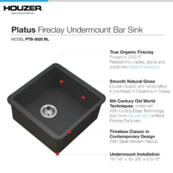 Houzer Platus 20 inch Black Fireclay Undermount Square Single Bowl Bar Sink - PTB-2020 BL