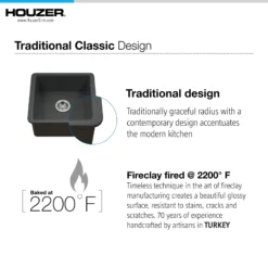 Houzer Platus 20 inch Black Fireclay Undermount Square Single Bowl Bar Sink - PTB-2020 BL
