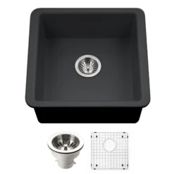 Houzer Platus 20 inch Black Fireclay Undermount Square Single Bowl Bar Sink - PTB-2020 BL-C with Basket Strainer and Basin Grid Included