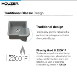 Houzer Platus 20 inch Gray Fireclay Undermount Square Single Bowl Bar Sink - PTB-2020 GR