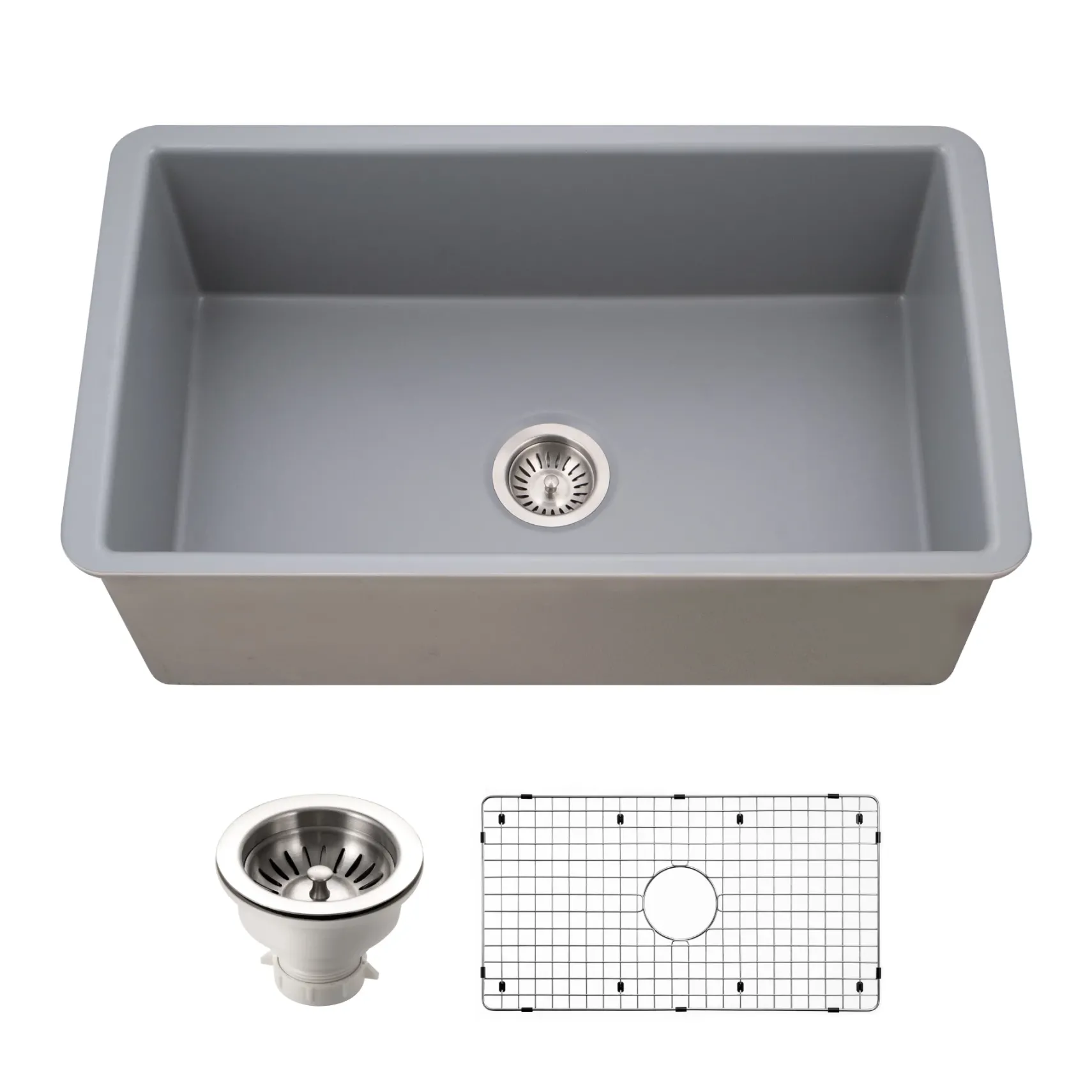 Houzer Platus 32 inch Gray Fireclay Undermount Single Bowl Kitchen Sink - PTU-3600 GR-C with Basket Strainer and Basin Grid Included
