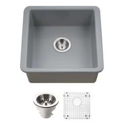 Houzer Platus 20 inch Gray Fireclay Undermount Square Single Bowl Bar Sink - PTB-2020 GR-C with Basket Strainer and Basin Grid Included