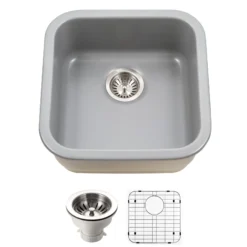 Houzer Platus 19 inch Gray Fireclay Undermount Square Single Bowl Bar Sink - PTB-1919 GR-C with Basket Strainer and Basin Grid Included