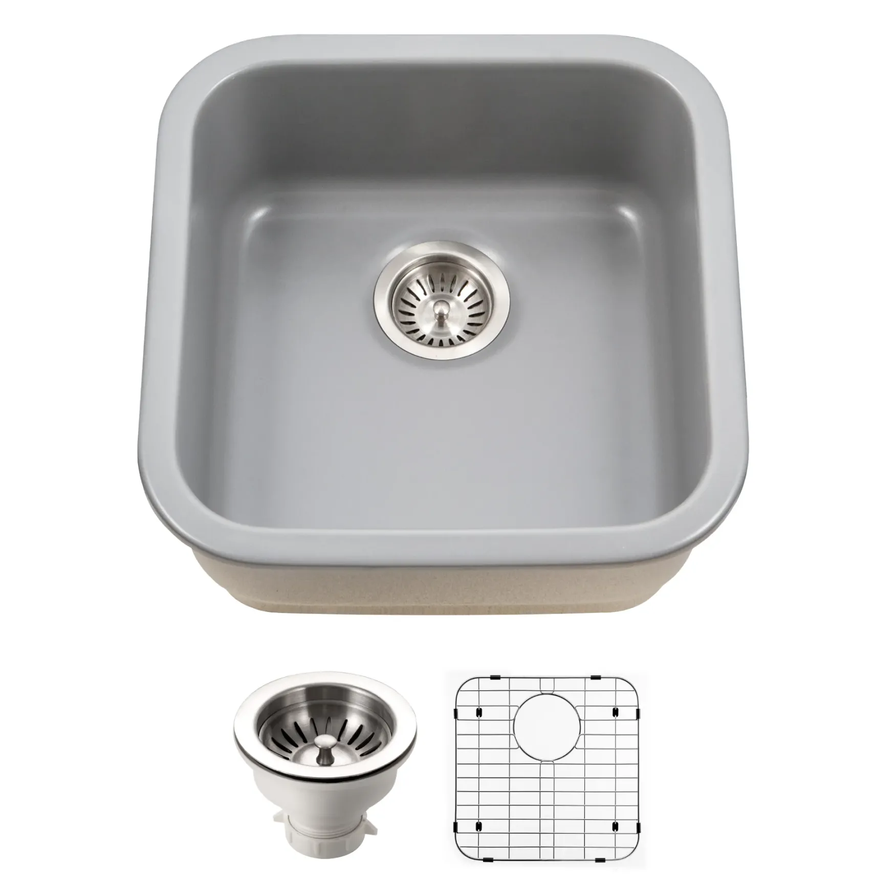 Houzer Platus 19 inch Gray Fireclay Undermount Square Single Bowl Bar Sink - PTB-1919 GR-C with Basket Strainer and Basin Grid Included