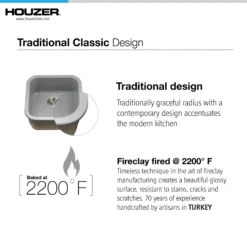 Houzer Platus 19 inch Gray Fireclay Undermount Square Single Bowl Bar Sink - PTB-1919 GR-C with Basket Strainer and Basin Grid Included
