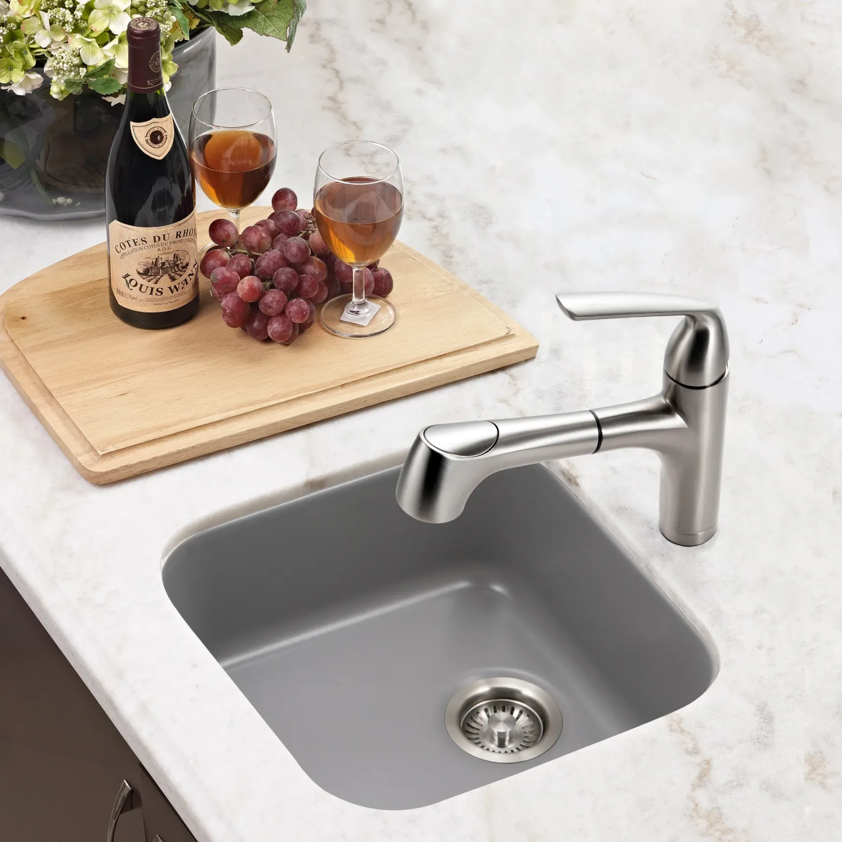 Houzer Platus 19 inch Gray Fireclay Undermount Square Single Bowl Bar Sink - PTB-1919 GR-C with Basket Strainer and Basin Grid Included