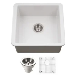 Houzer Platus 20 inch Matte White Fireclay Undermount Square Single Bowl Bar Sink - PTB-2020 MWH-C with Basket Strainer and Basin Grid Included