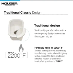 Houzer Platus 13 inch White Fireclay Undermount Single Bowl Bar Sink with Strainer & Grid - PTB-1318 WH-C