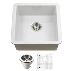 Houzer Platus 20 inch White Fireclay Undermount Square Single Bowl Bar Sink - PTB-2020 WH-C with Basket Strainer and Basin Grid Included