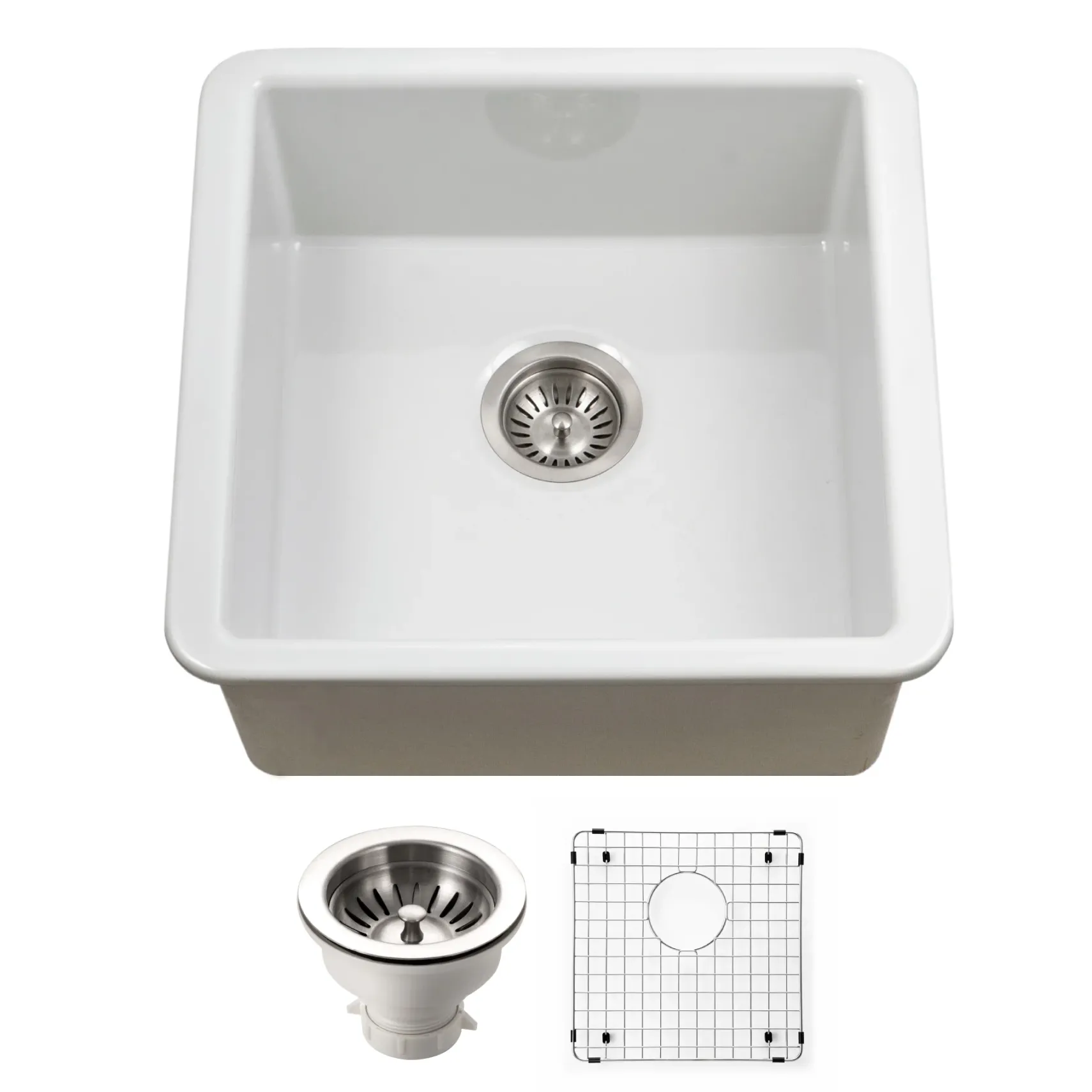 Houzer Platus 20 inch White Fireclay Undermount Square Single Bowl Bar Sink - PTB-2020 WH-C with Basket Strainer and Basin Grid Included