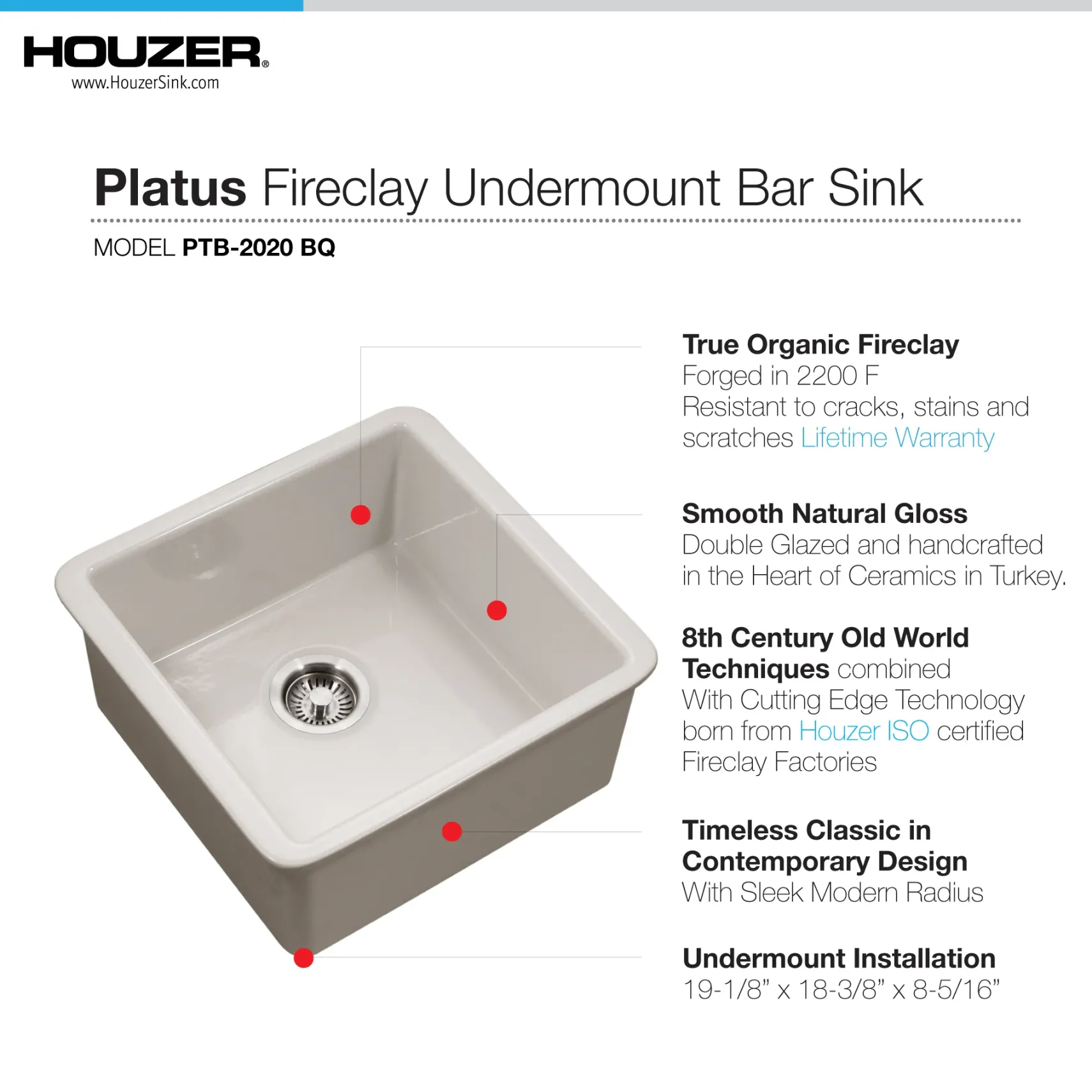 Houzer Platus 18" Square Fireclay Bar/Prep Sink, Biscuit, PTB-2020 BQ