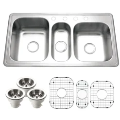 Houzer Premier 41 inch Stainless Steel Drop-in Topmount 4-hole Triple Bowl Kitchen Sink with Strainer & Grids - 18 Gauge, PGT-4322-C