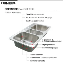 Houzer Premier 41 inch Stainless Steel Drop-in Topmount 4-hole Triple Bowl Kitchen Sink with Strainer & Grids - 18 Gauge, PGT-4322-C