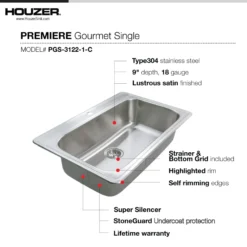 Houzer Premier 33 inch Stainless Steel Drop-in Topmount 1-hole Single Bowl Kitchen Sink with Strainer & Grid - 18 Gauge, PGS-3122-1-C