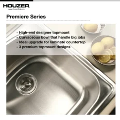 Houzer Premier 33 inch Stainless Steel Drop-in Topmount 1-hole Single Bowl Kitchen Sink with Strainer & Grid - 18 Gauge, PGS-3122-1-C