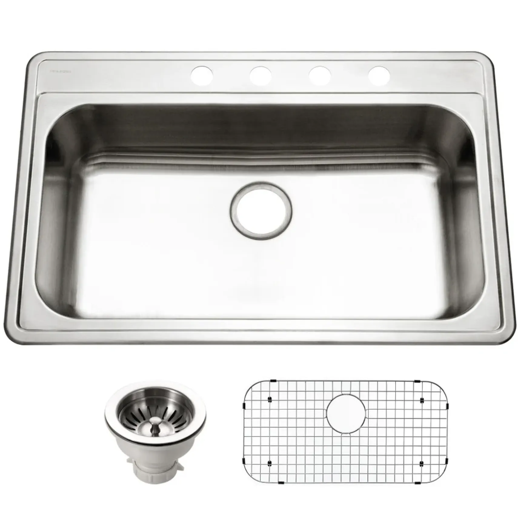 Houzer Premier 33 inch Stainless Steel Drop-in Topmount 4-hole Single Bowl Kitchen Sink with Strainer & Grid - 18 Gauge, PGS-3122-4-C