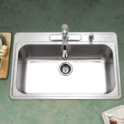 Houzer Premier 33 inch Stainless Steel Drop-in Topmount 4-hole Single Bowl Kitchen Sink with Strainer & Grid - 18 Gauge, PGS-3122-4-C