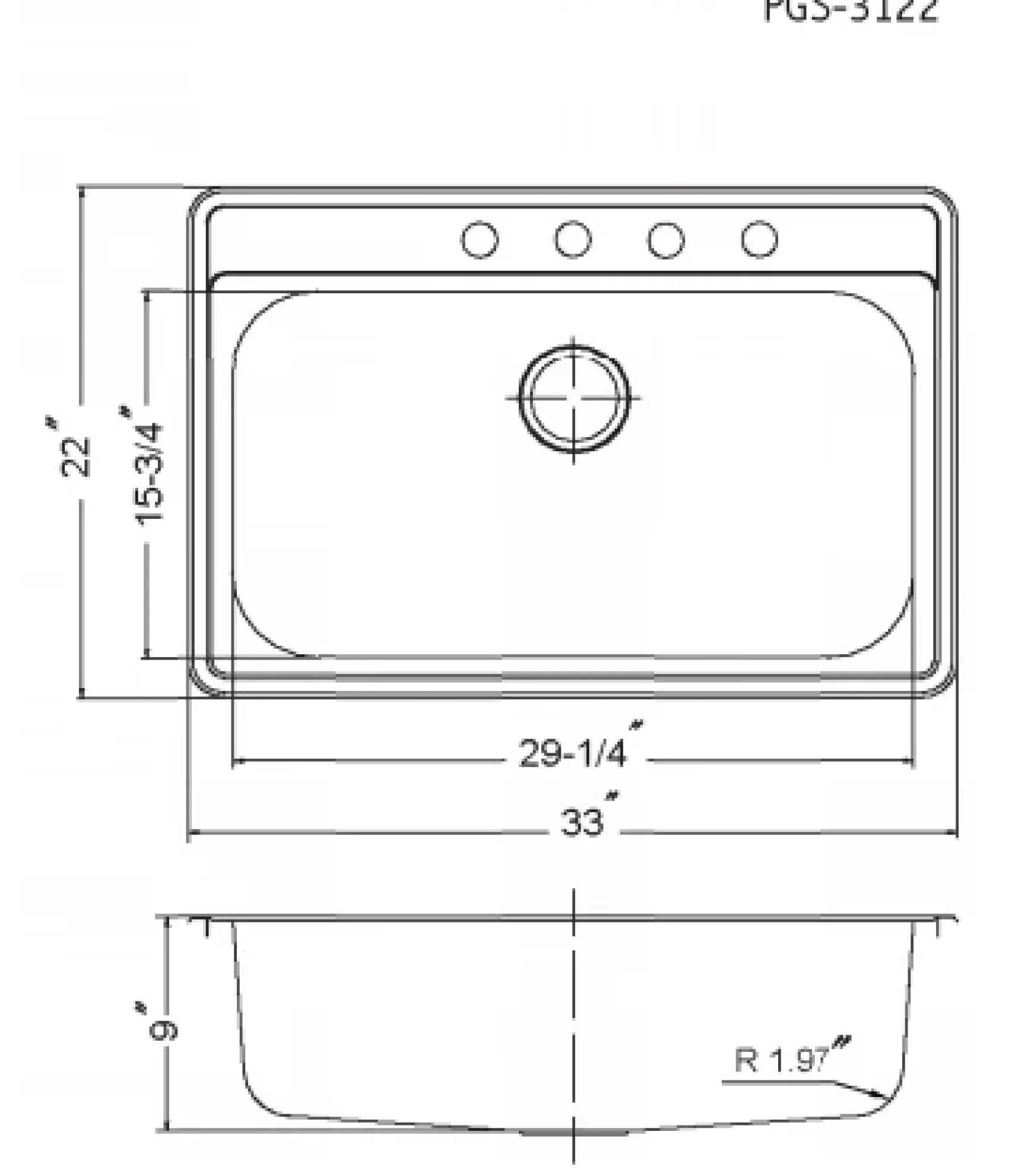 Houzer Premier 33 inch Stainless Steel Drop-in Topmount 4-hole Single Bowl Kitchen Sink with Strainer & Grid - 18 Gauge, PGS-3122-4-C