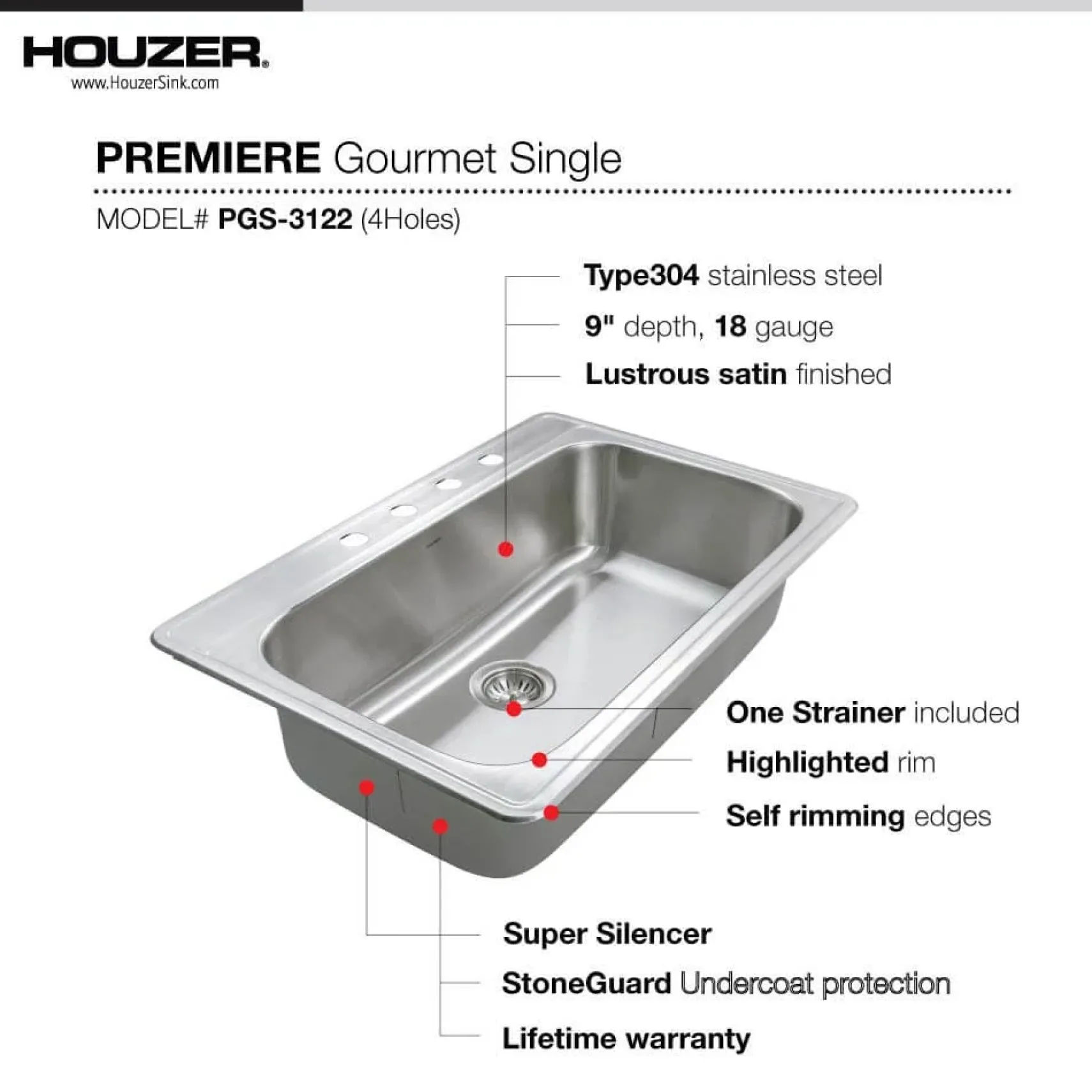 Houzer Premier 33 inch Stainless Steel Drop-in Topmount 4-hole Single Bowl Kitchen Sink with Strainer & Grid - 18 Gauge, PGS-3122-4-C